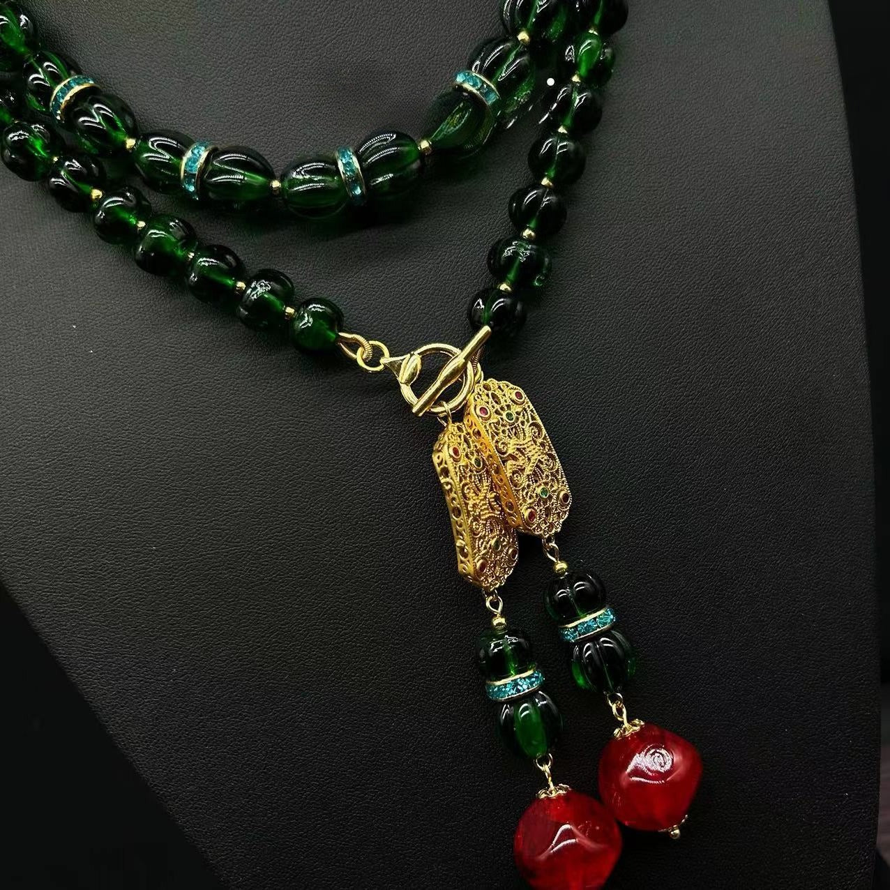 New Chinese retro glazed pumpkin beads emerald, double stacked fringed necklace