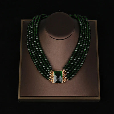 Vintage Gold Double Bee Necklace Green Crystal Multi-layer Stacked Necklace Set