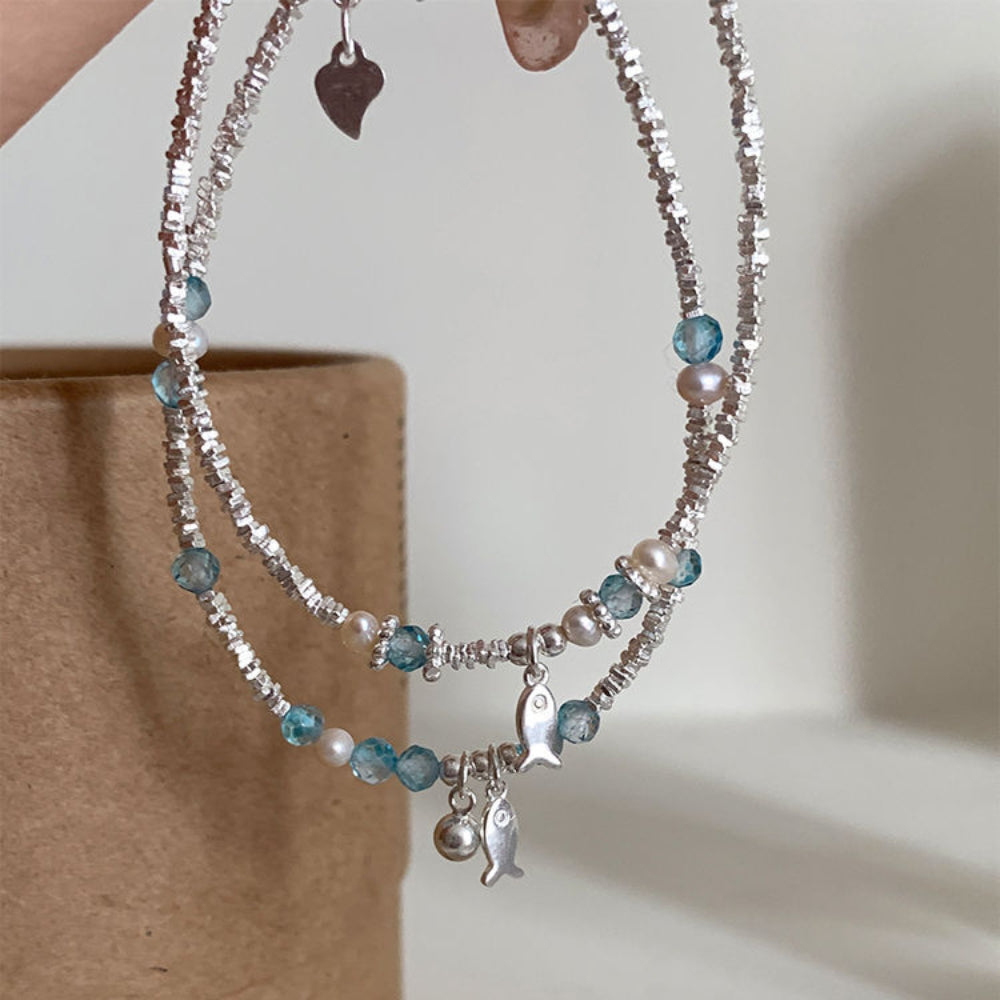 S925 silver blue crystal fish bracelet