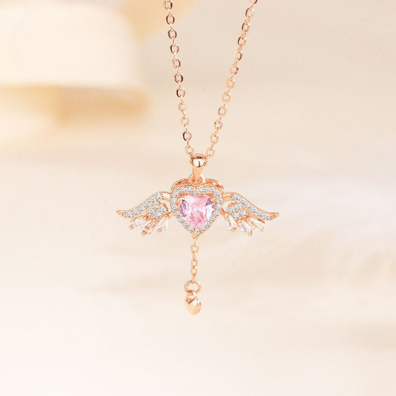 S925 Sterling Silver Pink Diamond Cupid Heart Necklace