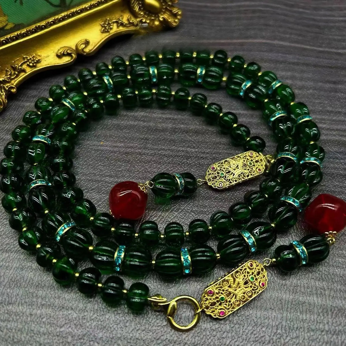 Nouveau collier à franges double rang en perles de citrouille émaillées rétro chinoises et émeraude