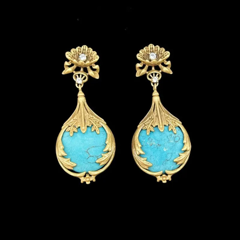 Ensemble collier clous d'oreilles fleuris en trois dimensions élégant style cour vintage incrusté de turquoise