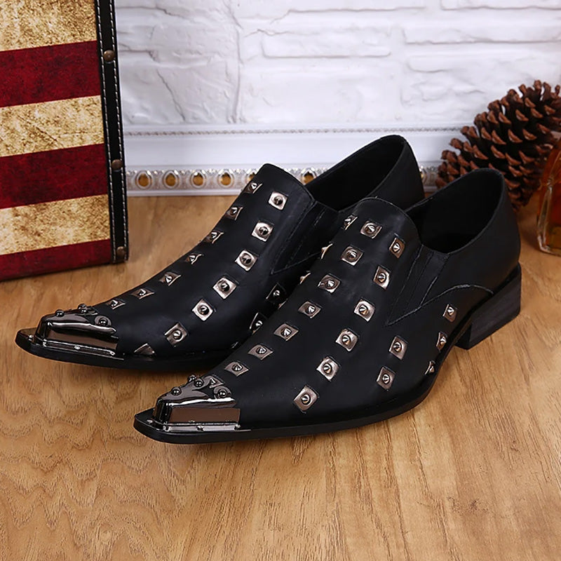 Black pointed rivet men's business dress shoes for men banquet and party luxury designer leather shoes