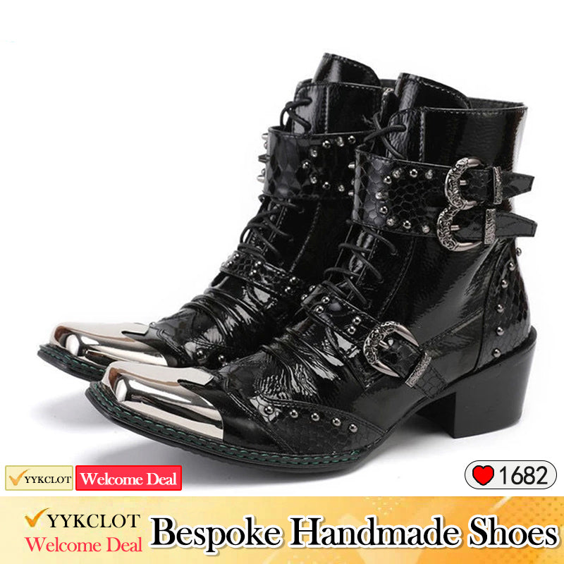 Black punk spliced high-heeled boots for men motorcycle high-heeled boots