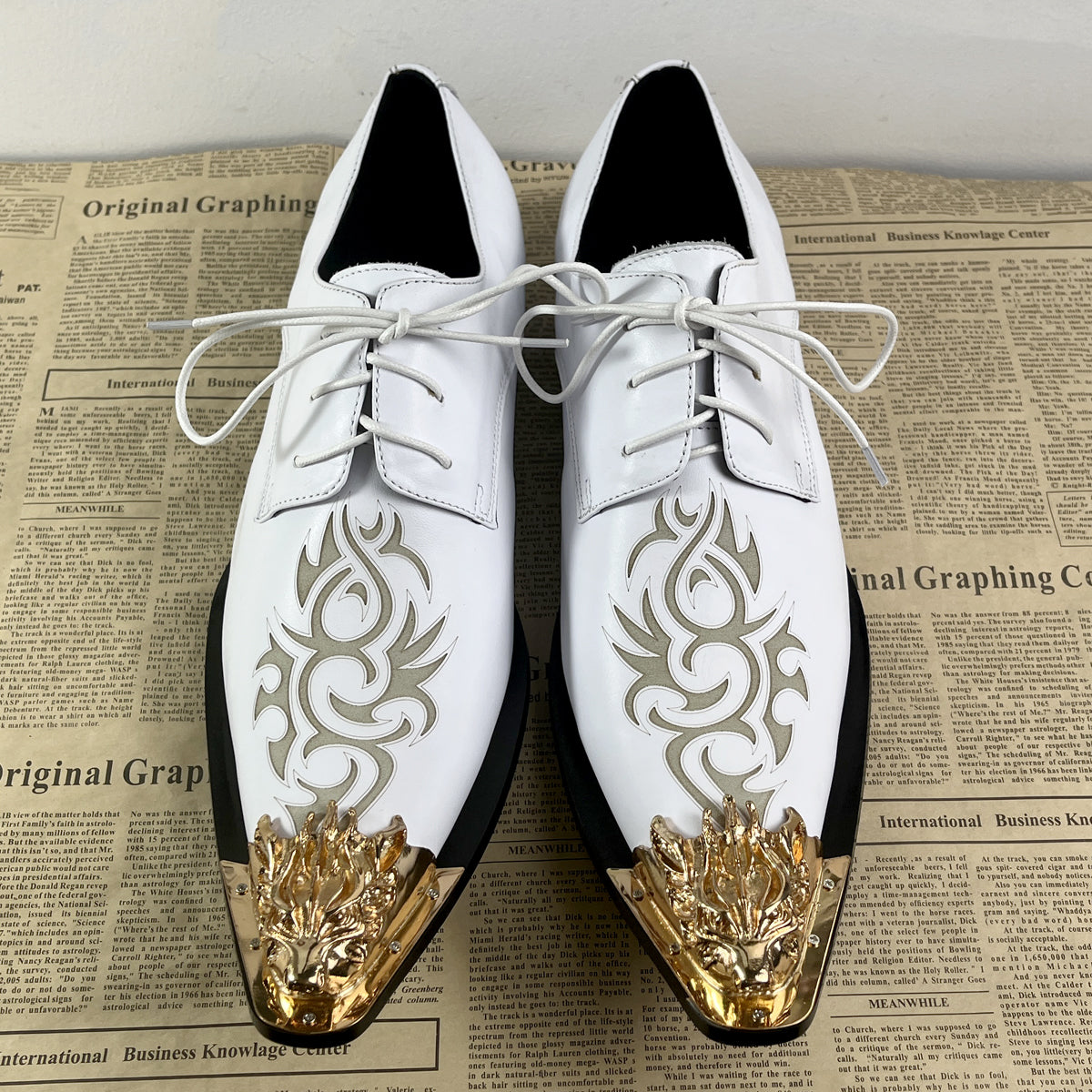 White leather printed dress shoes Men's derby shoes for men,Office, Party, Banquet, Wedding,brogue shoes,genuine leather Plus Size Oxford shoe man