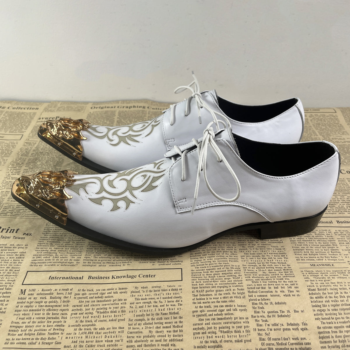 White leather printed dress shoes Men's derby shoes for men,Office, Party, Banquet, Wedding,brogue shoes,genuine leather Plus Size Oxford shoe man