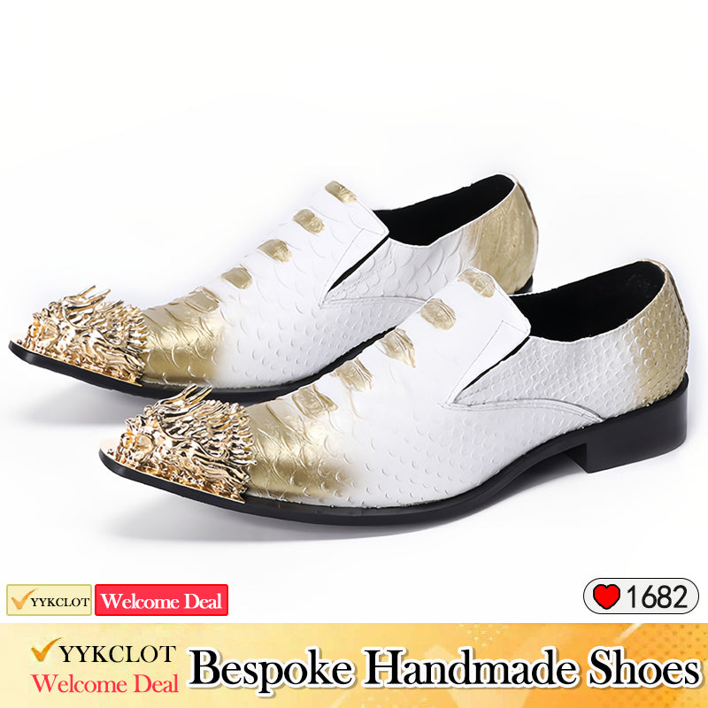 Golden pointed snake patterned leather graffiti dress shoes