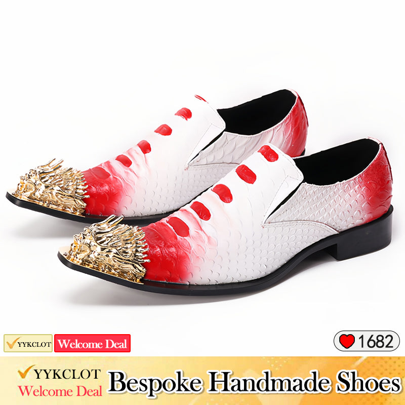 Golden pointed snake patterned leather graffiti dress shoes