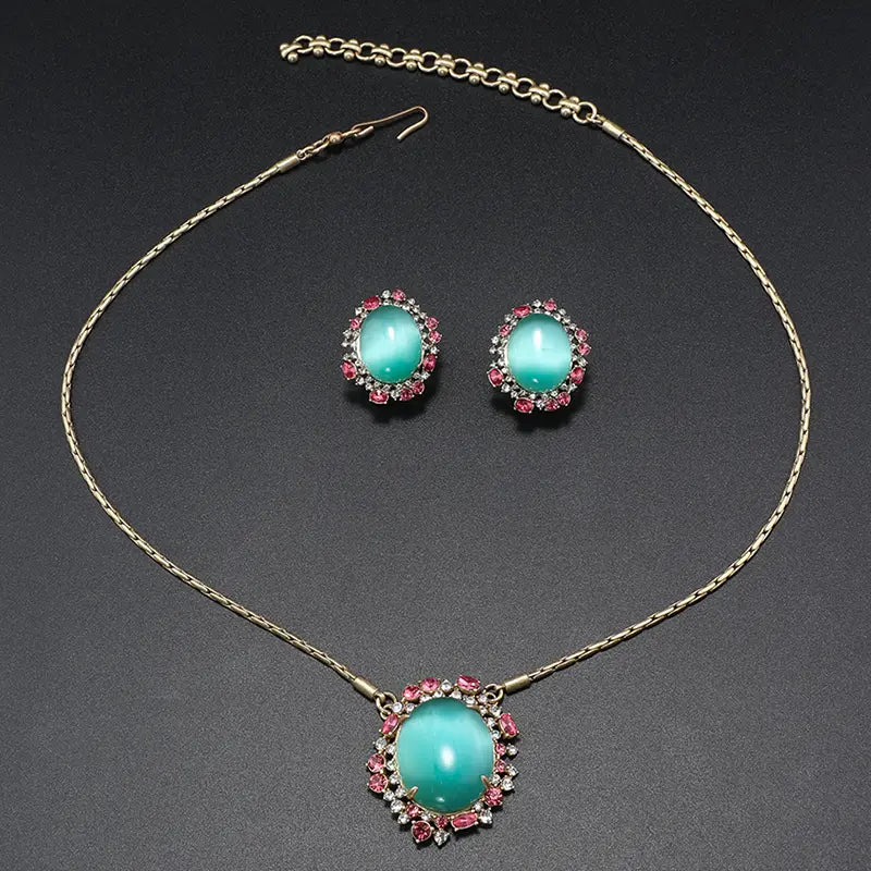 Élégant ensemble de bijoux en cristal turquoise et rose doré pour galas