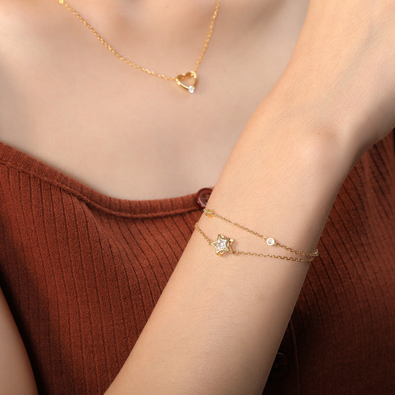 S925 Sterling Silver Double Pentagram Diamond Bracelet