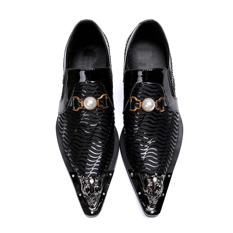 Schwarze spitze Schuhe aus Metall für Herren, Hochzeitsfeier, Abendschuhe