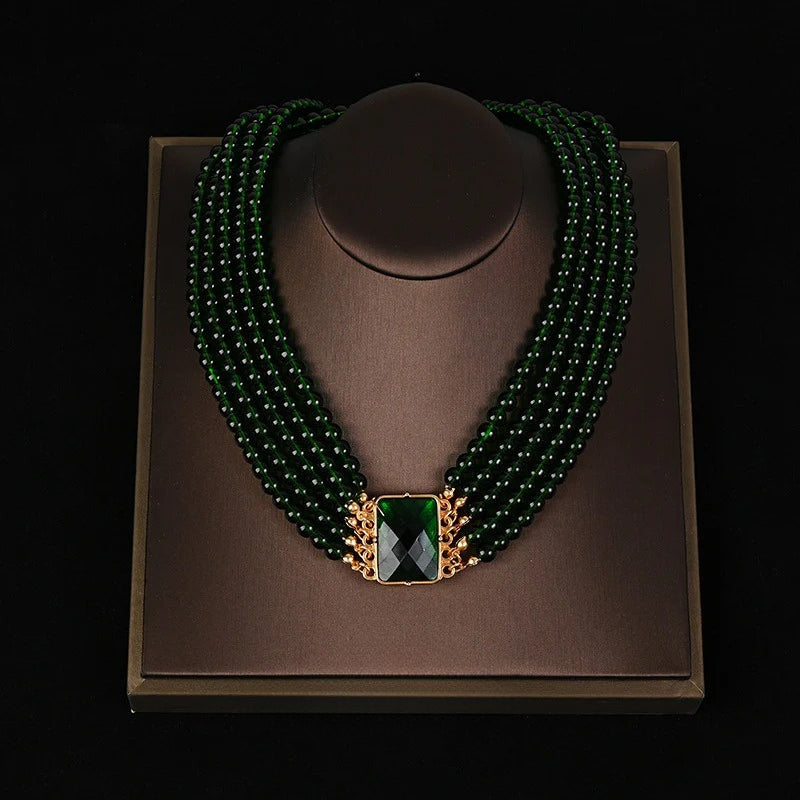 Green Crystal Multi-layer Stacked Necklace Set