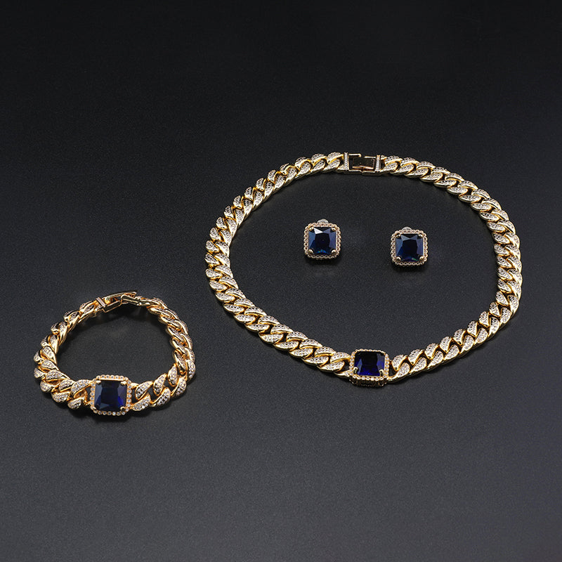 Luxury Gold Cuban Link Necklace, Bracelet & Earrings Set for Evening Galas