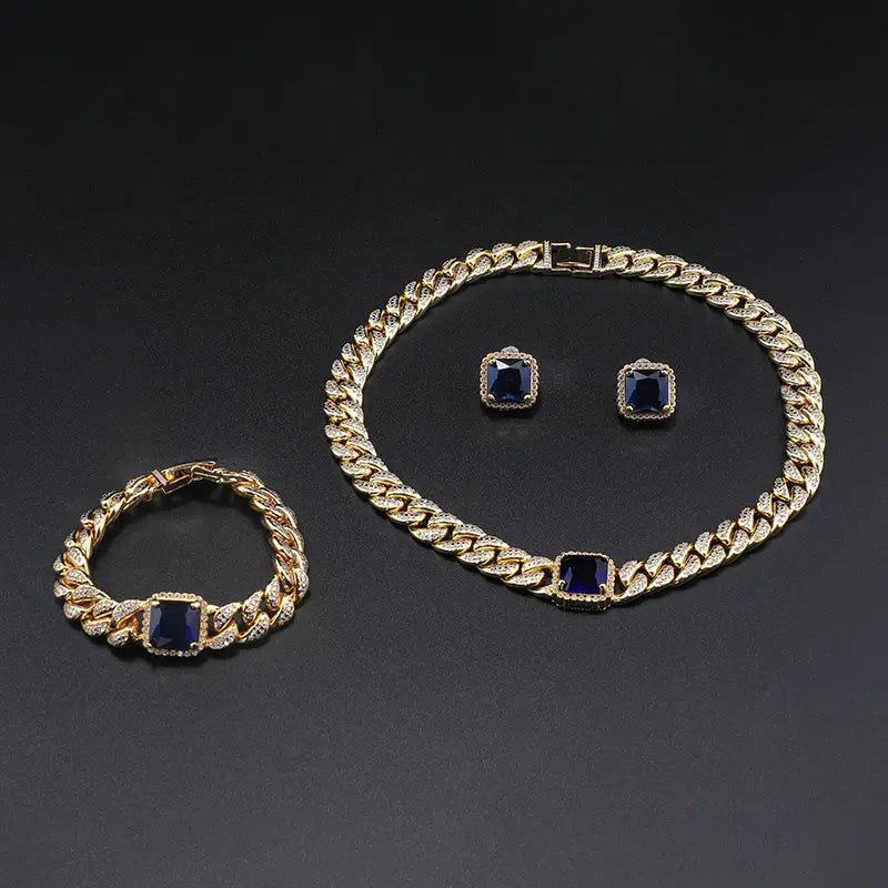 Parure Collier, Bracelet et Boucles d'Oreilles Maillons Cubains de Luxe en Or 18K pour Soirées de Gala