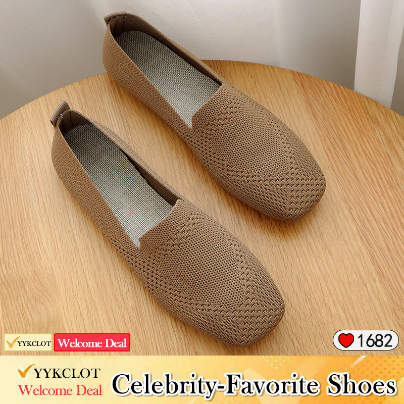 Ladies Large Size Knitted Flat Bottom Square Head Casual Shoes