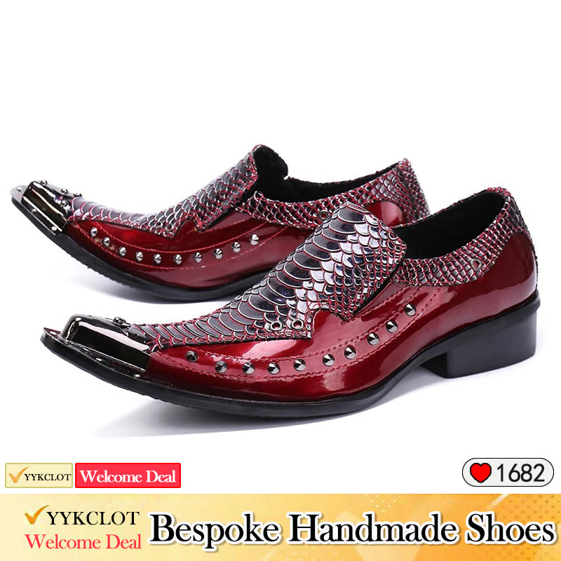 Red Serpentine Leather Splicing Rivet Party Dress Shoes