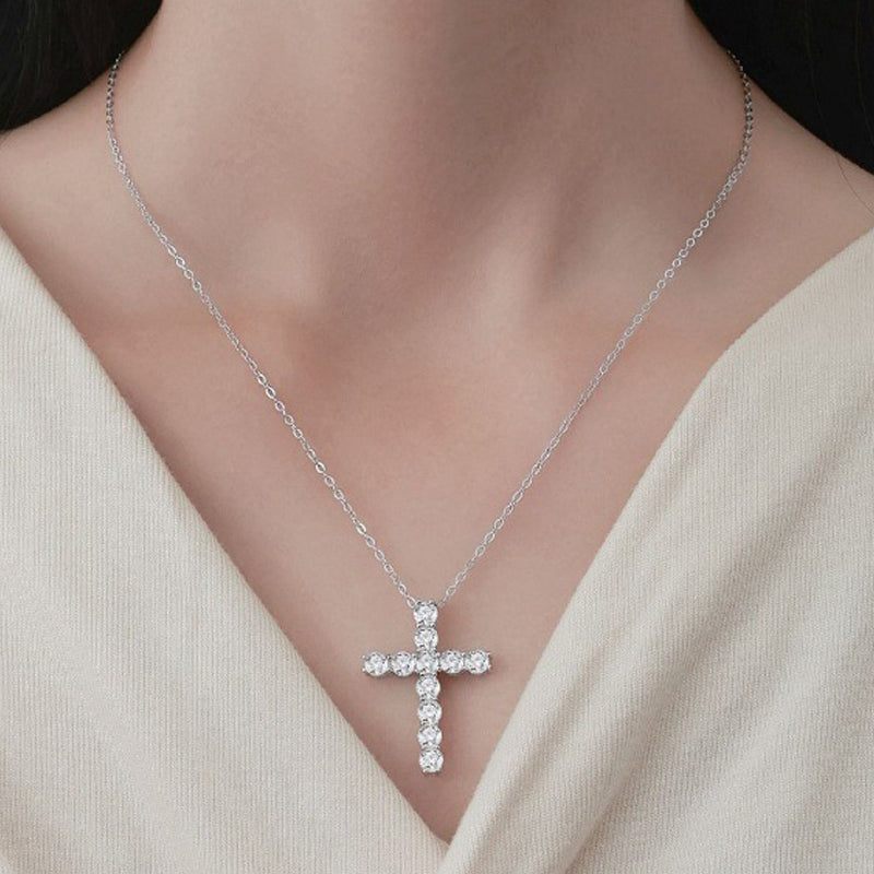 S925 sterling silver diamond inlaid simple cross pendant necklace