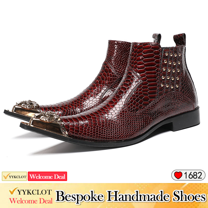 Red metal pointed snake skin metal buckle boots