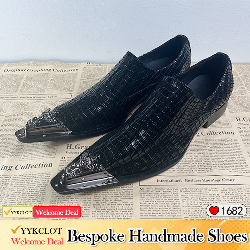 Black pointed leather textured men's business dress shoes