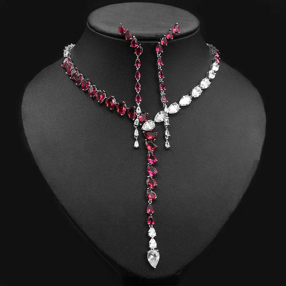 Luxury Green Crystal Y Necklace Set – Sparkling Drop Earrings Jewelry
