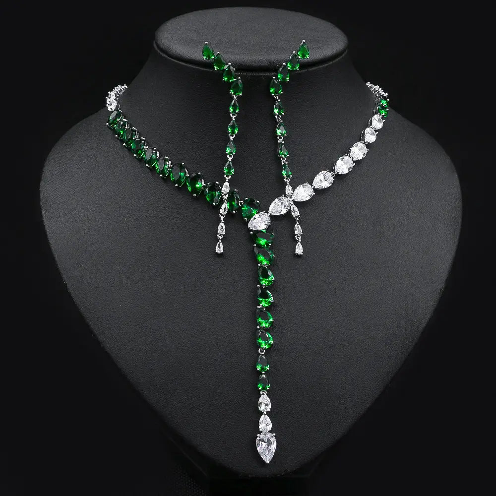 Luxury Green Crystal Y Necklace Set – Sparkling Drop Earrings Jewelry