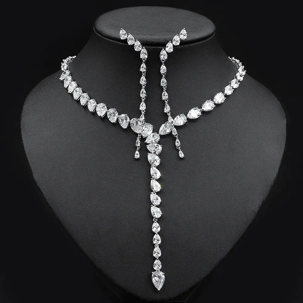 Luxury Green Crystal Y Necklace Set – Sparkling Drop Earrings Jewelry
