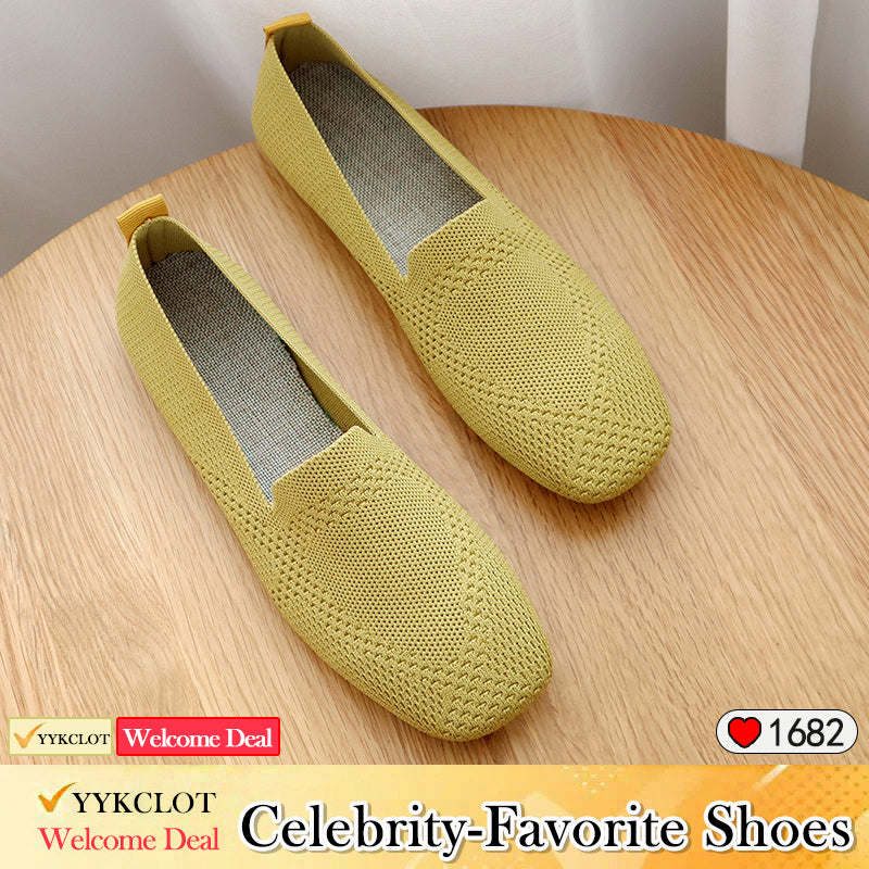 Ladies Large Size Knitted Flat Bottom Square Head Casual Shoes