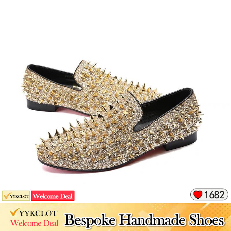 Silver handmade studded party shoes Men's glitter dress shoes