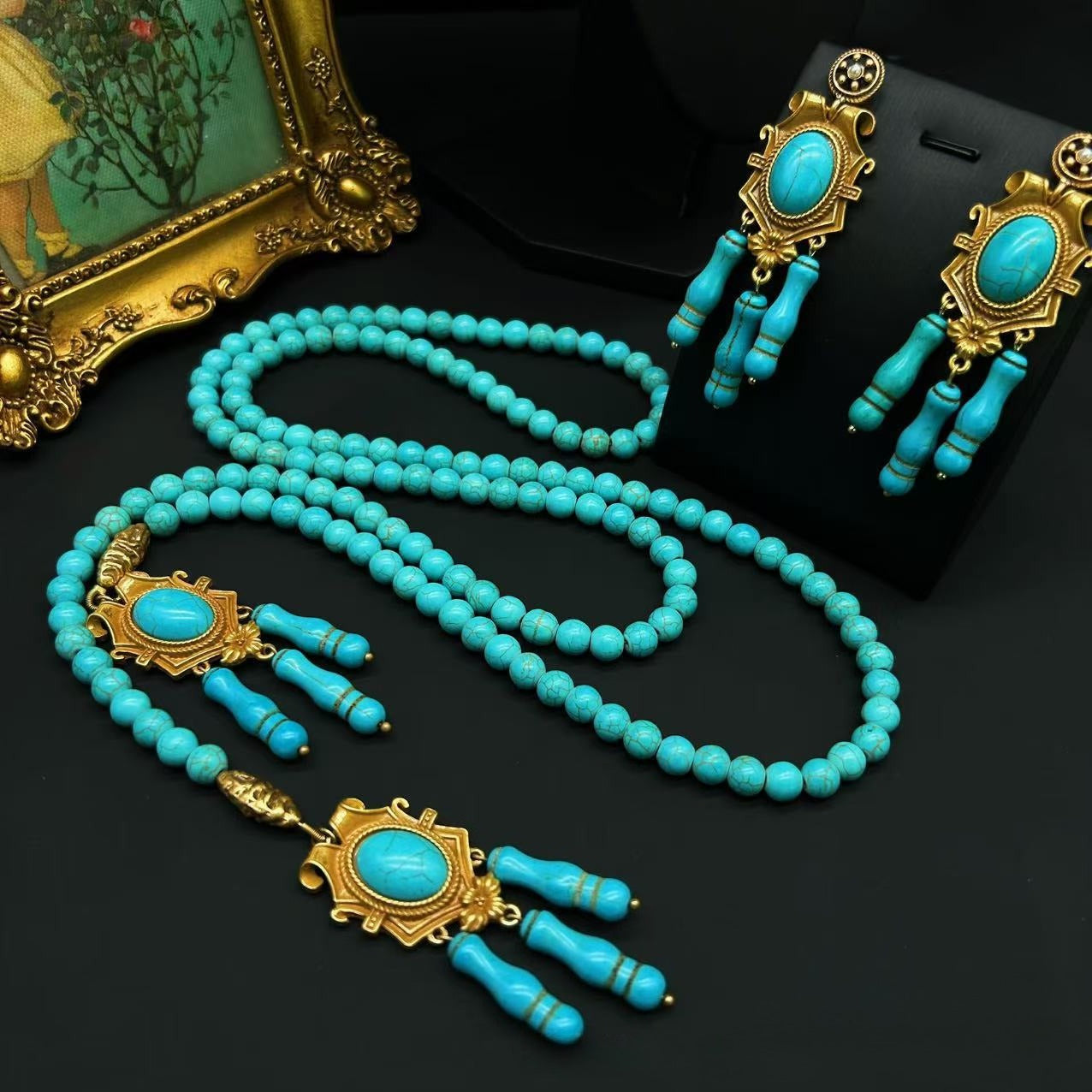 Vintage Tassel Turquoise Beaded Necklace Set