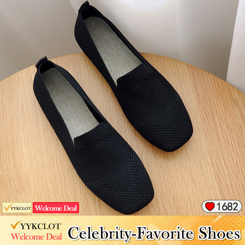 Ladies Large Size Knitted Flat Bottom Square Head Casual Shoes