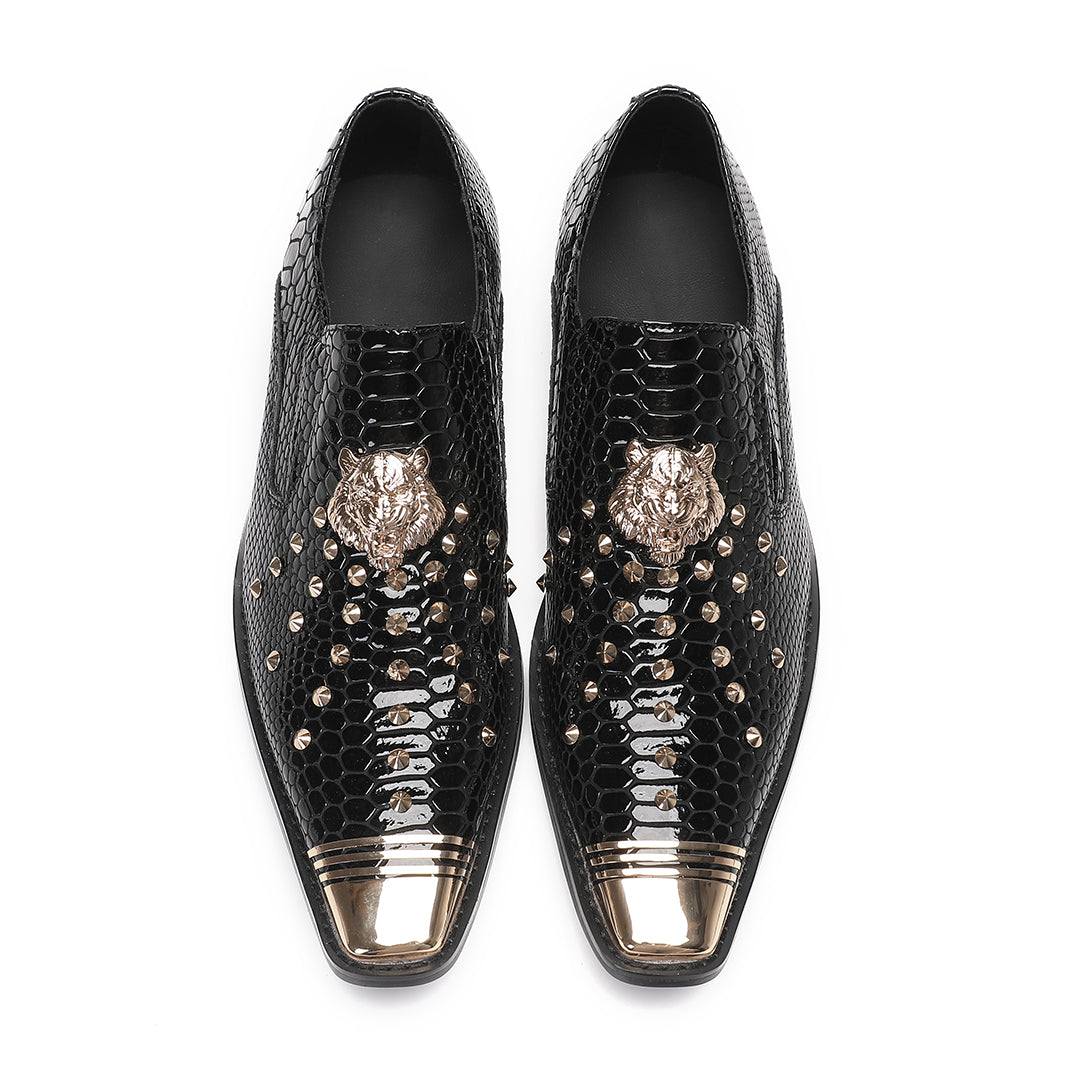 Black leather fashion dress shoes Men's studded party shoes