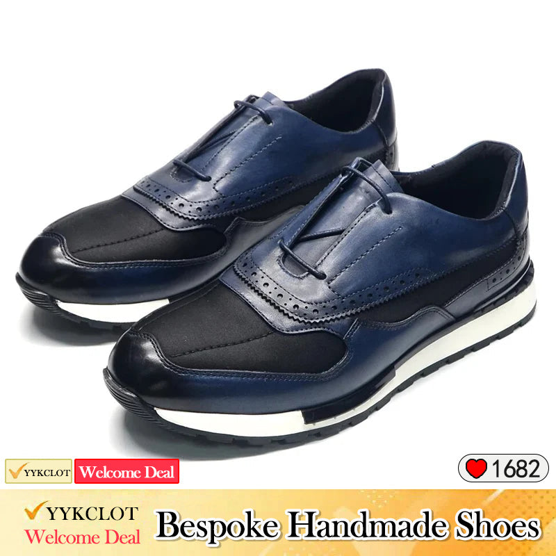 Chaussures décontractées pour hommes en cuir bleu cousues à la main, baskets de mode