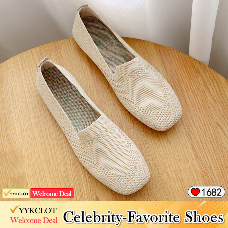 Ladies Large Size Knitted Flat Bottom Square Head Casual Shoes