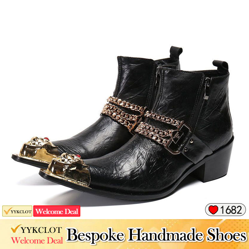 Leather Men Shoes Boots High Boots Metal Pointed Toe Shoes Men