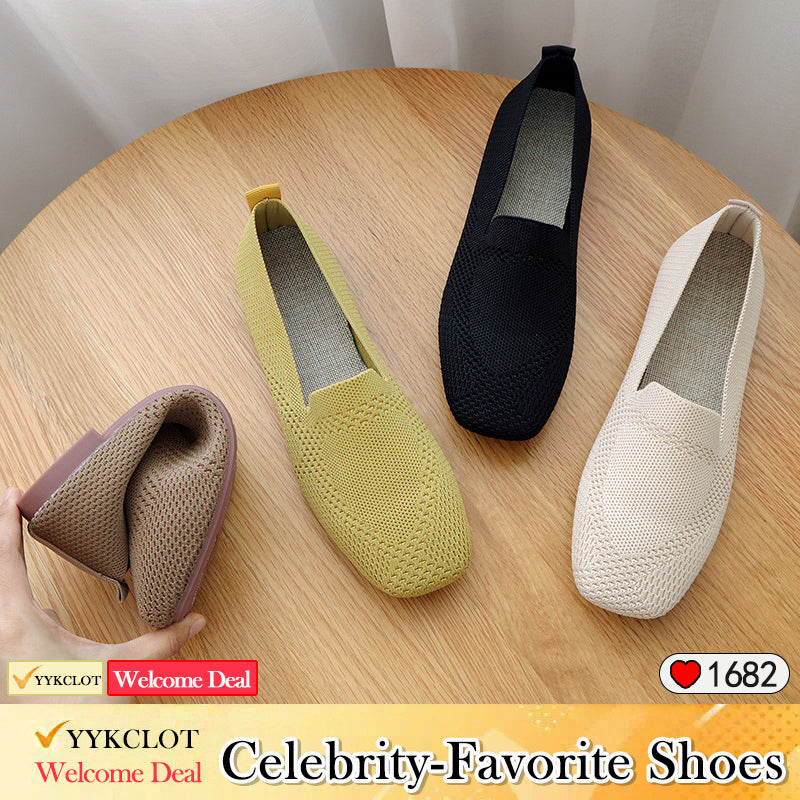 Ladies Large Size Knitted Flat Bottom Square Head Casual Shoes