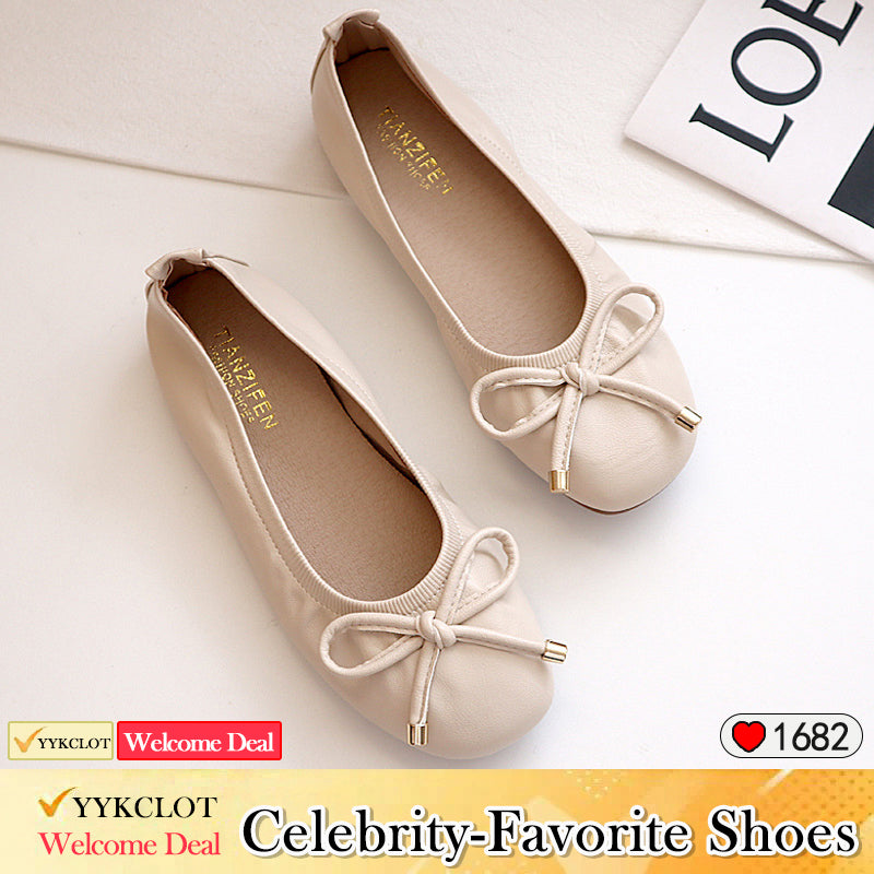 Casual square head soft-soled bow loafers