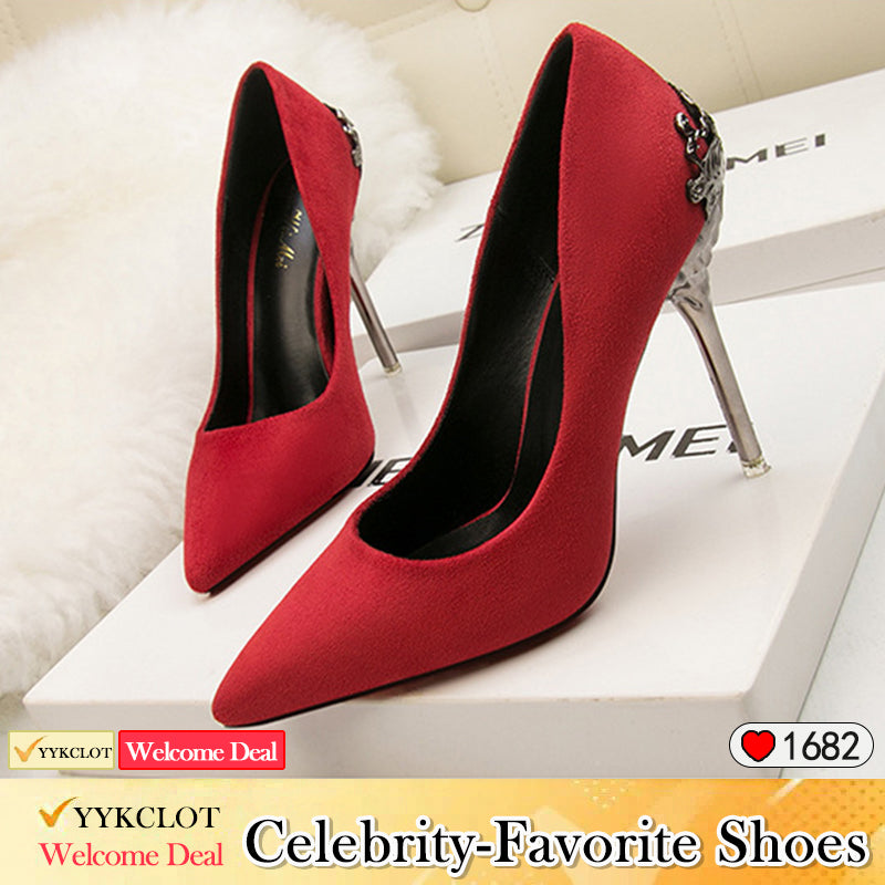 Metal hollow suede pointed heels