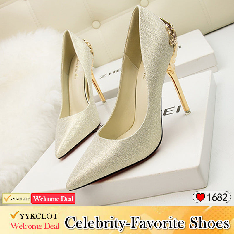 Metal hollow suede pointed heels