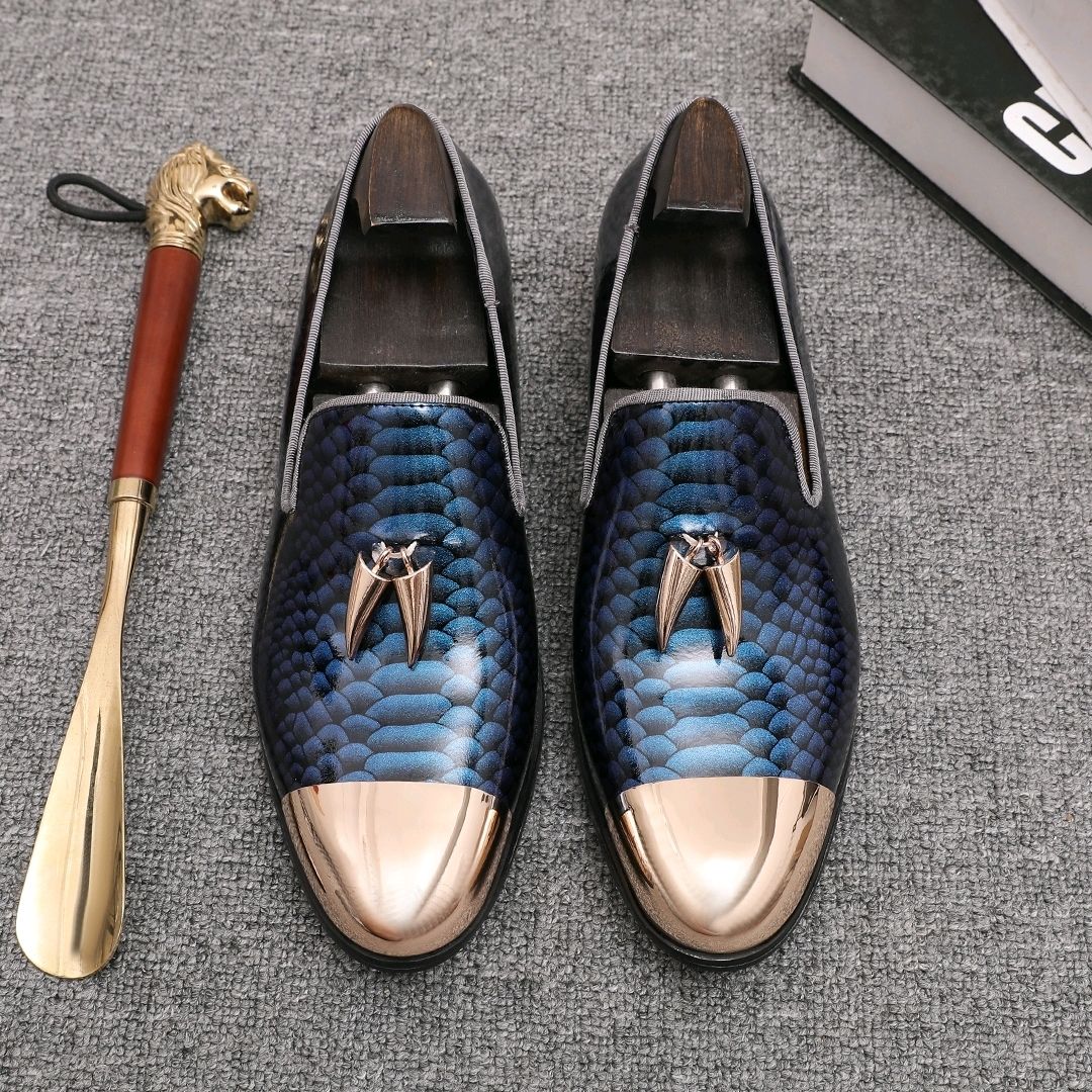 Original schlange loafer männer metall runde kopf retro leder schuhe