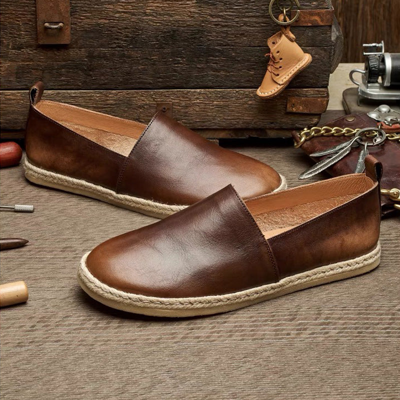 Brown casual flat men's shoes Leather fisherman shoes Low top loafers