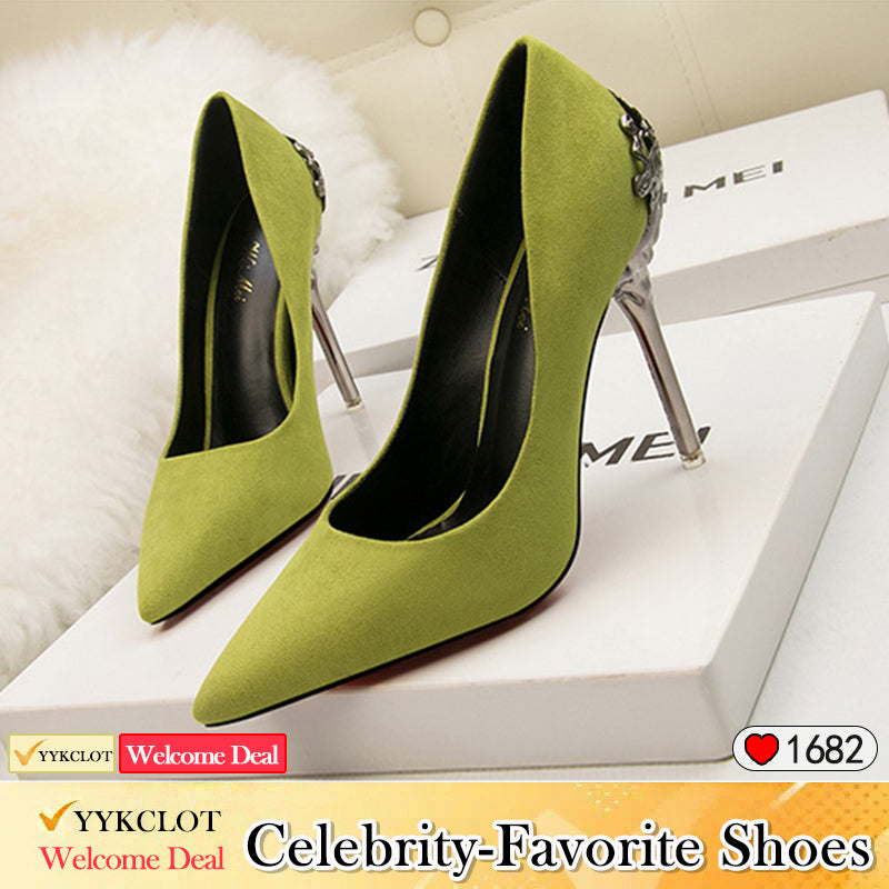 Metal hollow suede pointed heels