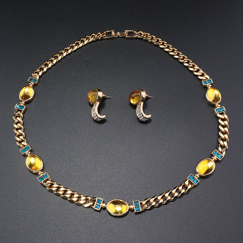 Elegant Gold Chain Jewelry Set with Yellow & Blue Stones for Formal Events