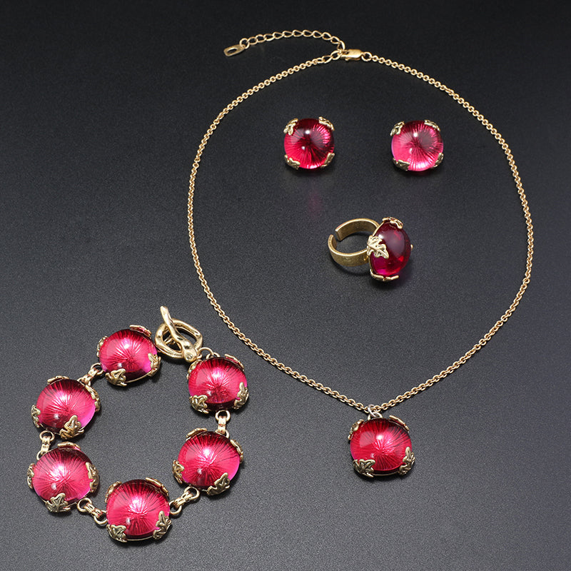 Glamorous Red Crystal Necklace, Bracelet, Earrings & Ring Set for Evening Events