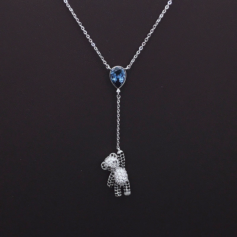 Sparkling Teddy Bear Blue Teardrop Crystal Lariat Necklace for Cute Daily Style