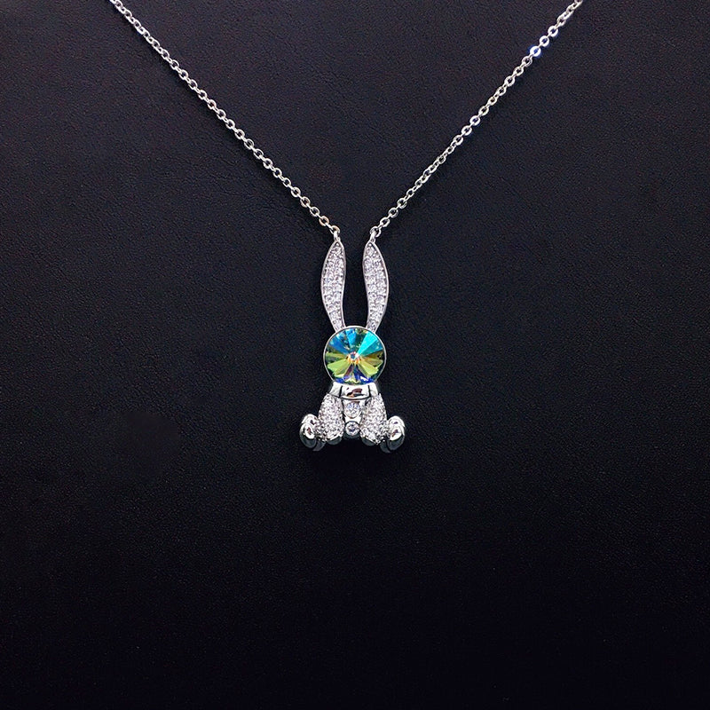 Cute Bunny Blue Crystal Necklace with Sparkling Rhinestones for Daily Chic