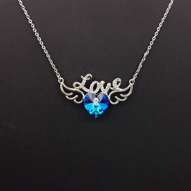 Sparkling Love Heart Wing Blue Crystal Necklace for Romantic Dates