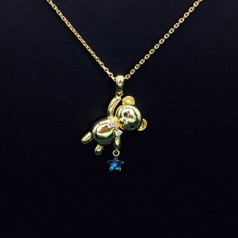 Cute Gold Teddy Bear Necklace with Blue Crystal Star for Daily Chic