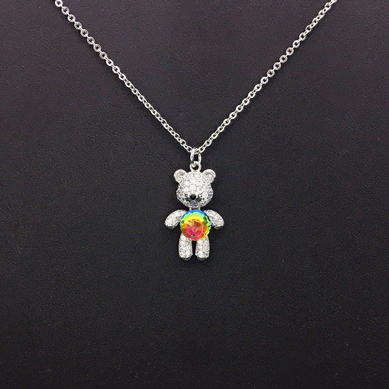 Cute Gold Teddy Bear Necklace with Blue Crystal Star for Daily Chic