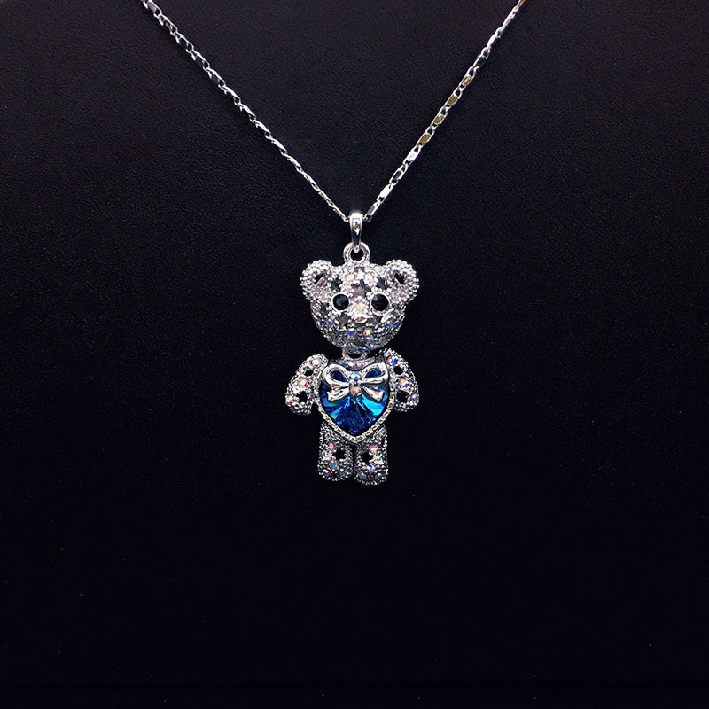Charming Silver - Plated Teddy Bear Necklace with Blue Crystal Heart for Daily Wear