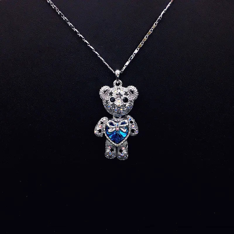 Collier Ours en Peluche Plaqué Argent Charmant avec Cœur en Cristal Bleu pour Tous les Jours
